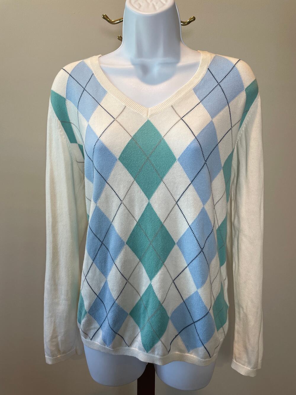 Tommy Hilfiger Argyle Lightweight Sweater Size L White 100 Percent Cotton